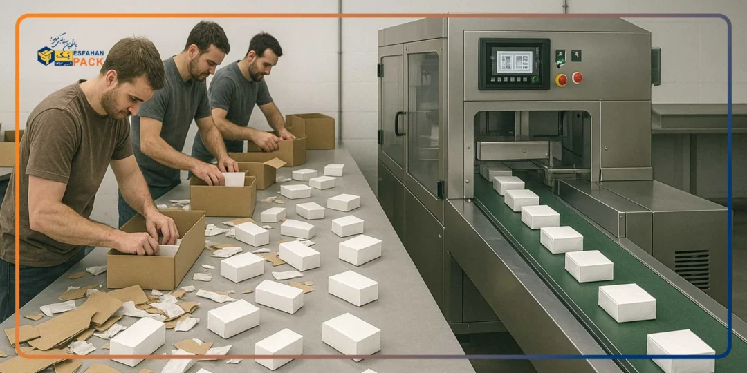 مقایسه مستقیم افزایش بهره‌وری و کاهش هزینه های تولید با جایگزینی نیروی انسانی زیاد با دستگاه بسته بندی مدرن